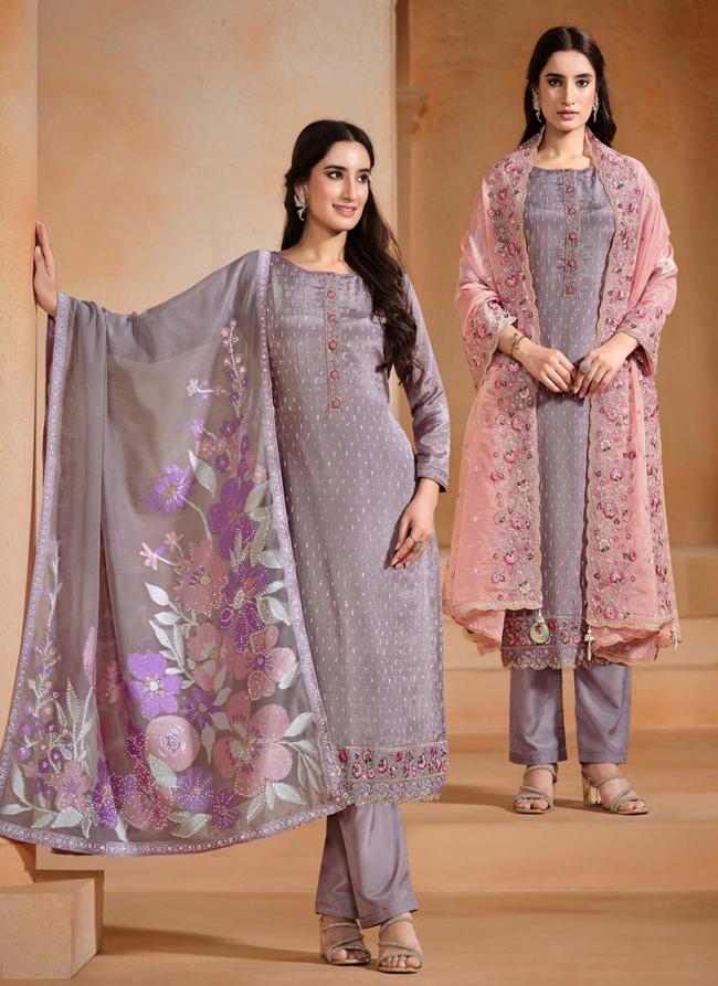 Chinnon Chiffon Grey Festival Wear Emboidery Work Straight Suit